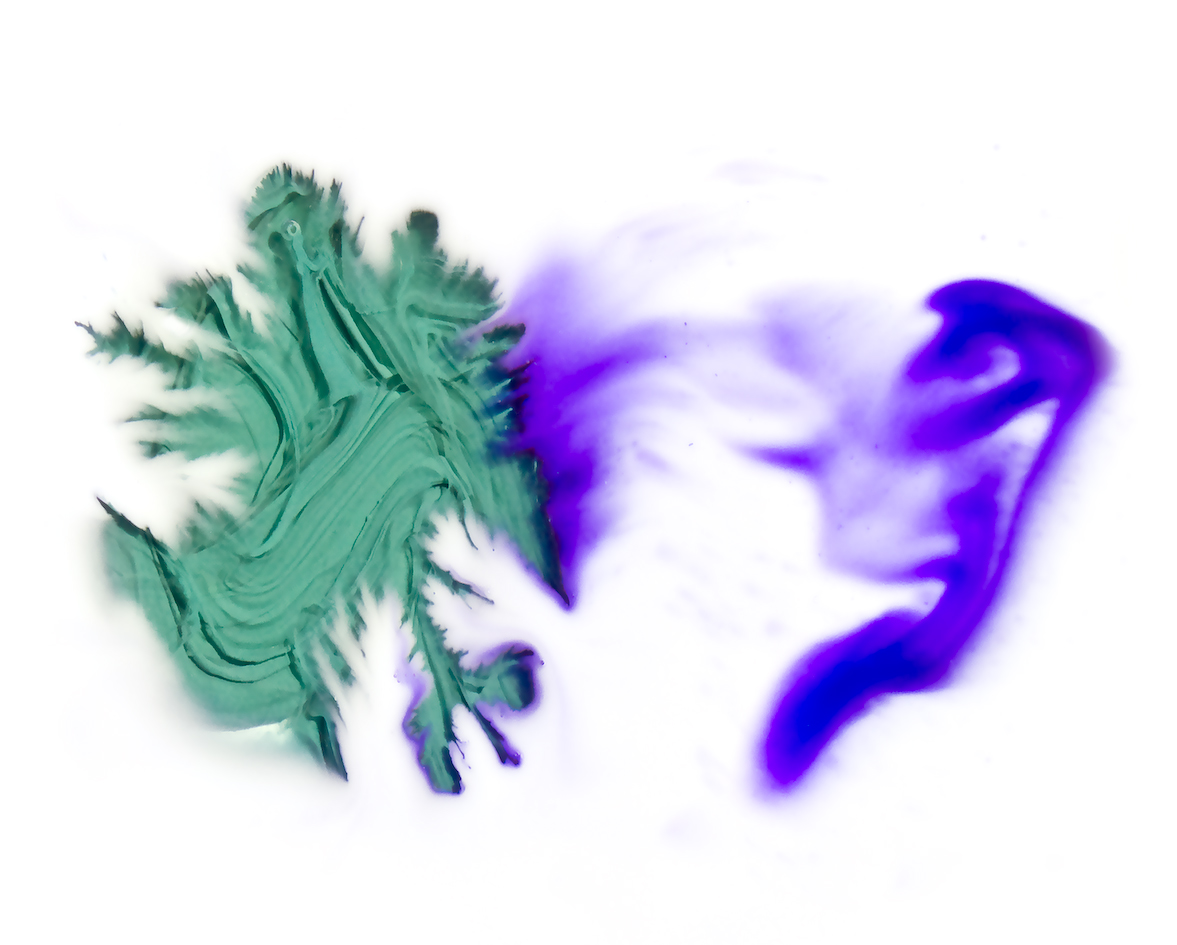 green blurry blue, poured paint series, by Naomi Pitcairn