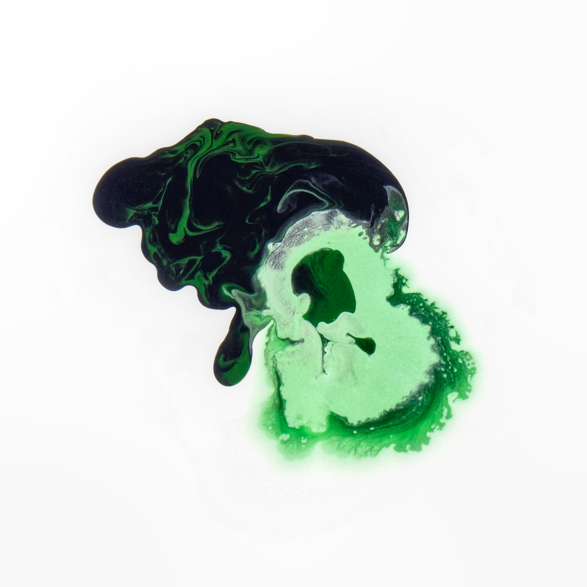 green n black on white, poured paint series, by Naomi Pitcairn