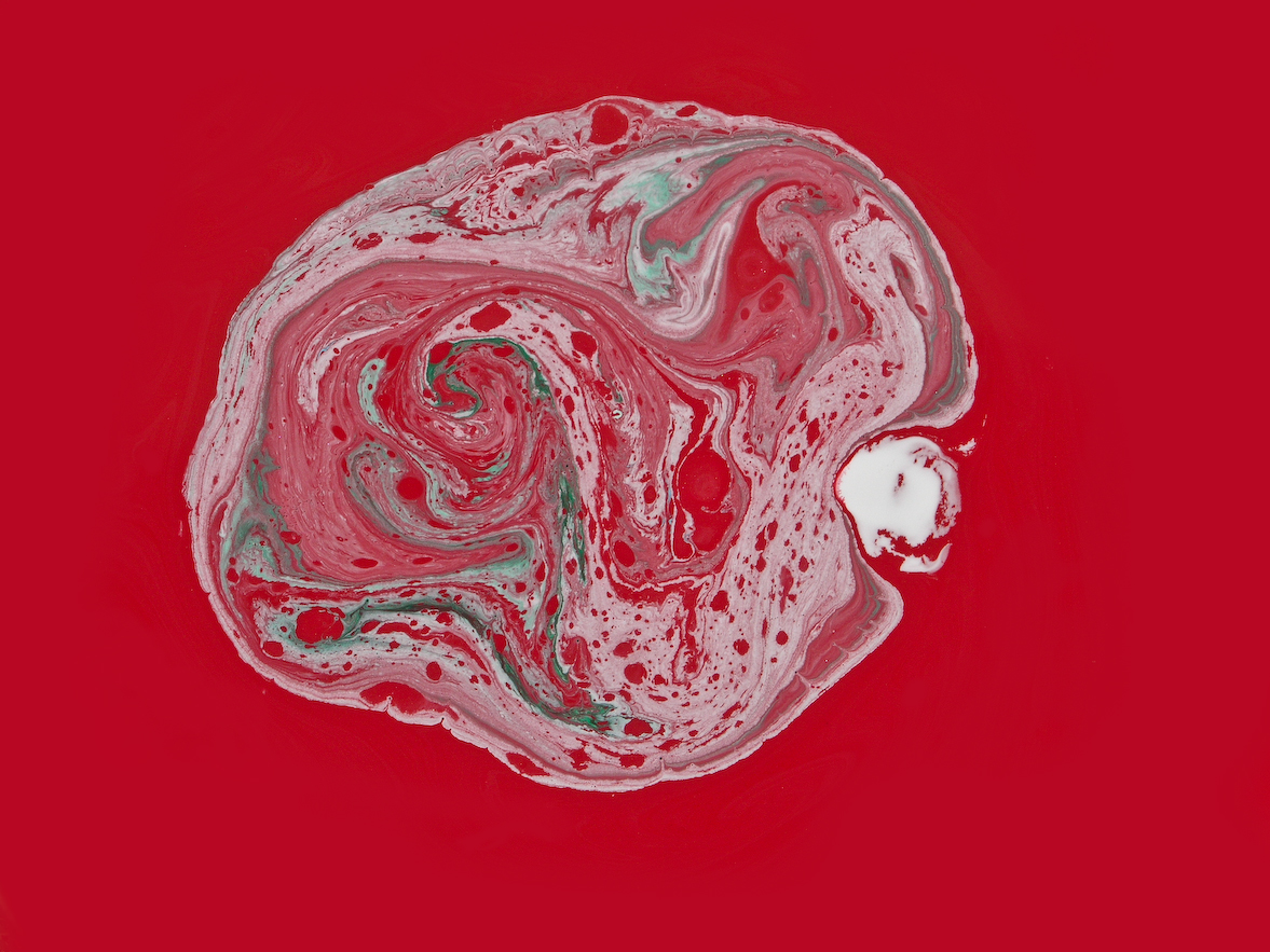 white into red, poured paint series, by Naomi Pitcairn